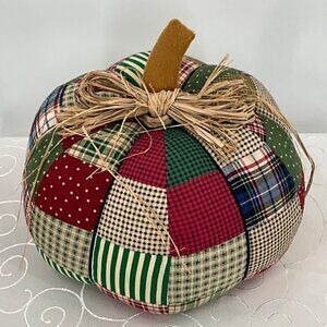Vintage Patchwork Fabric Pumpkin Decoration 8" Autumn Thanksgiving Handmade Poly